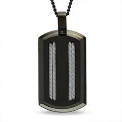 Mens Black Ion Plated Stainless Steel Dog Tag Pendant with Grey Cable 