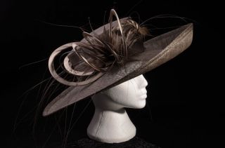 Mentari Hat Stunning Large Wedding Race Day with Feathers Satin Loops
