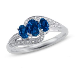 10K White Gold Oval Lab Created Sapphire Three Stone Ring with Diamond 
