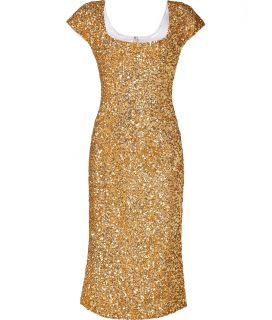 LWren Scott Gold Silk Sequined Mid Length Sheath  Damen  Kleider 