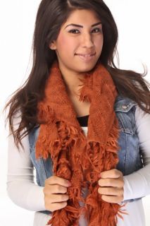 Rust knitted Fringed Edges Twisted Ruched Scarf @ Amiclubwear scarf 