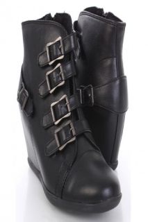 Black Faux Leather Buckled Strappy Ankle Sneaker Wedges @ Amiclubwear 