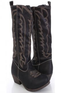 Black Crinkle Fabric Stitched Design Cowboy Boots @ Amiclubwear Boots 