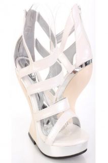 White Faux Leather Strappy Front Platform Curve Wedges @ Amiclubwear 