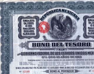 HISTORIC RARITY 1913 MEXICO BLUE DOVE GOLD $975 BOND w COUPONS $ 