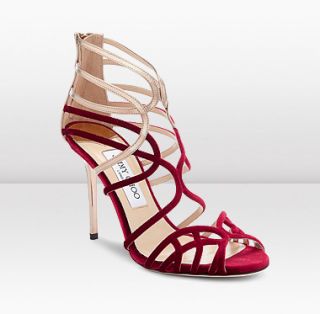 Jimmy Choo  Mantra  Deep Red Velvet and Gold Mirror Leather Sandal 