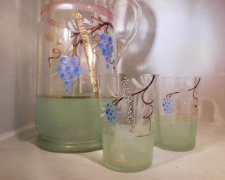 Victorian Blown Glass Pitcher & Two Glasses   Grapes Design