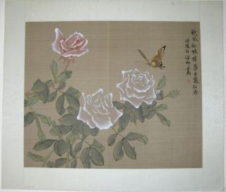   Chinese silk watercolor gouache painting Gong bi white roses butterfly