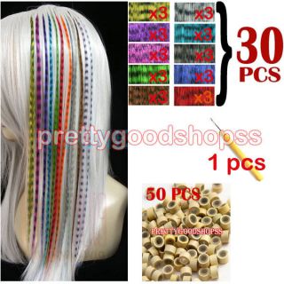 30 Grizzly Synthetic Feather Hair 16I Tip Extensions Beads Hook Kit 
