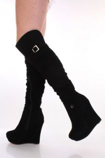 Black Faux Suede Buckle Accent Knee High Wedge Platform Boots 