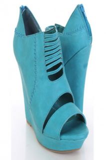 Turquoise Faux Leather Cut Out Peep Toe Stitched Wedges @ Amiclubwear 