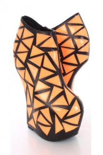 Neon Orange Faux Leather Patent Patched Curved Wedges @ Amiclubwear 