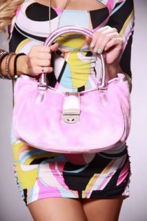 Pink Faux Fur Metallic Trim Flap Lock Mini Handbag @ Amiclubwear 