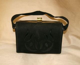 Vintage 1950s 60s Black Petite Rectangle Box Shape Handbag Bag Purse