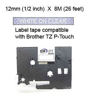   Brother TZ135 TZe135 12mm 1/2 half inch white on clear P touch TZ A