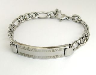  Greek Design 316L Stainless Steel Figaro Chain ID Mens Bracelet