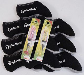 10 pcs Neoprene Iron Headcover Covers Black TaylorMade + 2 Magnet Tees