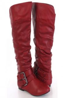 Home / Red Faux Leather Buckle Strap Closed Toe Flat Knee High Boots