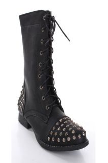 Black Faux Leather Spike Studded Combat Boots @ Amiclubwear Boots 