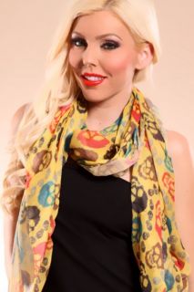 MUSTARD MULTI SKULL FACE PRINTED SHEER SCARF @ Amiclubwear scarf 