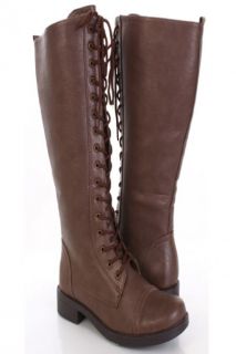 Brown Faux Leather Lace Up Tie Front Closed Toe Flat Knee High Boots 