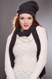 Charcoal Knitted Ruched Center Small Trimmed Beanie Matching Scarf Set 