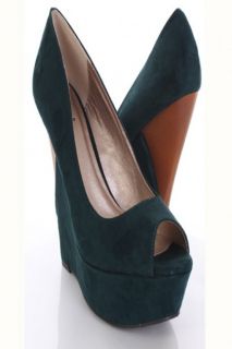 Green Faux Suede Peep Toe Faux Wooden Cut Out Wedges @ Amiclubwear 