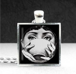   Art Pendant Silver Plate Necklace Lina Sips from Mug Cup Bowl