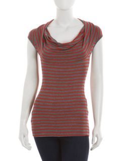 Cowl Neck Striped Top, Red   
