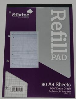 A4 Silvine Punched Refill Graph Paper Pad 80 Sheet 2 10 20mm School 
