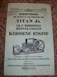 IHC TITAN JR 1HP Hopper Cooled Gas Engine Owners Manual Reprint Hit 
