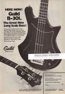 Guild B 301 Bass Guitar Guitars original b and w press paper advert 