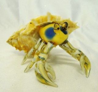   Blown Glass Natural Shell Marble Colored Blue and Yellow Hermit Crab