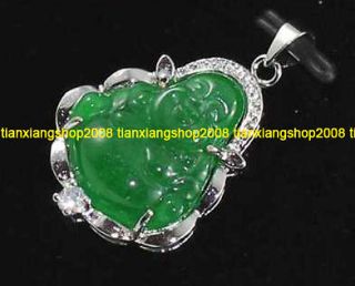 green jade happy Buddha 18K white gold Plated pendant + free chain
