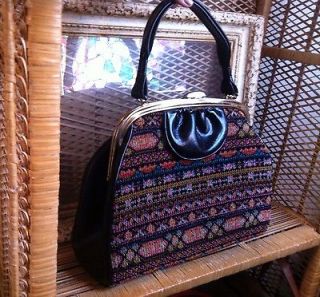   And Hip Colorful Tapestry Satchel Handbag/Black Faux Leather Bag/GUC
