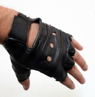 Black Leather Finger Less Gloves Work Exercise & Training Lifting 