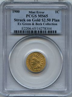 1900 Indian Head Cent Struck on Gold $2½ Planchet PCGS MS 65