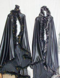 Sexy Halloween Costume Black Sateen Long Hooded Cape w/Fur Trim~New 