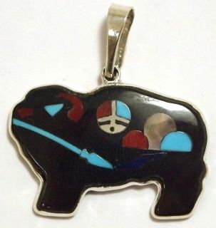   Stone Inlay Buffalo Sterling Silver Pendant   Harlan & Monica Coonsis