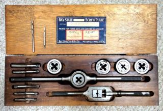 antique BAY STATE TAP & DIE SCREW PLATE w/ORIG WOOD BOX tool 