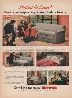 1950 VINTAGE SIMMONS HIDE A BED PINCHED FOR SPACE PRINT AD