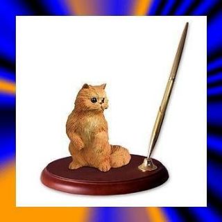 RED PERSIAN realistic Cat Pen Set Kitty Statue Adorns Wooden Base w 