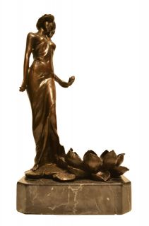 Bronze Candleholder Art Sculpture Female Fairy Pixie Lily Pond Flowers 