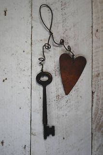 Primitive Rusty Metal Key w/ Rusty Heart Ornament