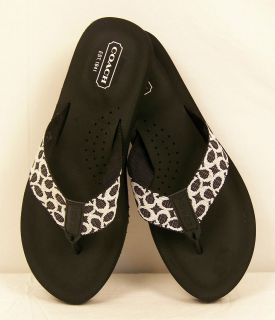 COACH Jessalyn Webbing Black/Ivory Flip Flop Sandals Womens Shoes New 