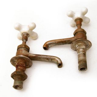   Pair Faucets, Porcelain Cross Style, Brass, Tub, Sink, Hot & Col