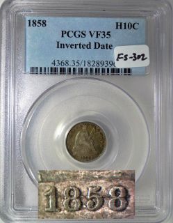1858 H10C SEATED HALF DIME INVERTED DATE TONED RAINBOW VF35 PCGS 