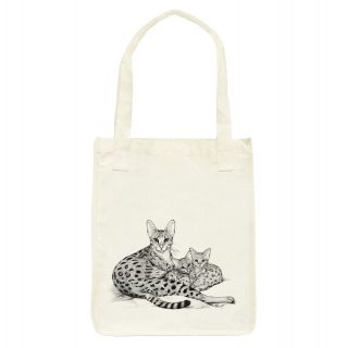 Savannah Cat and Kittens Art Tote   Organic Cotton Grocery Market Bag