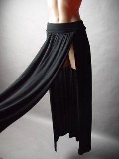 Blk Banded Waist Double Thigh High Slit Split Sweater Knit Long Maxi 