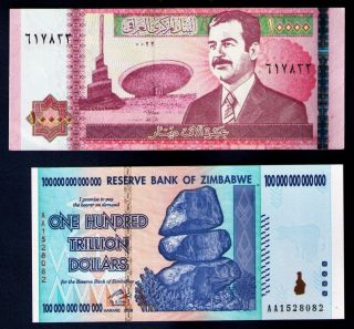   ZIMBABWE DOLLARS + 10 THOUSAND IRAQ DINARS SADDAM HUSSEIN ERA 2002